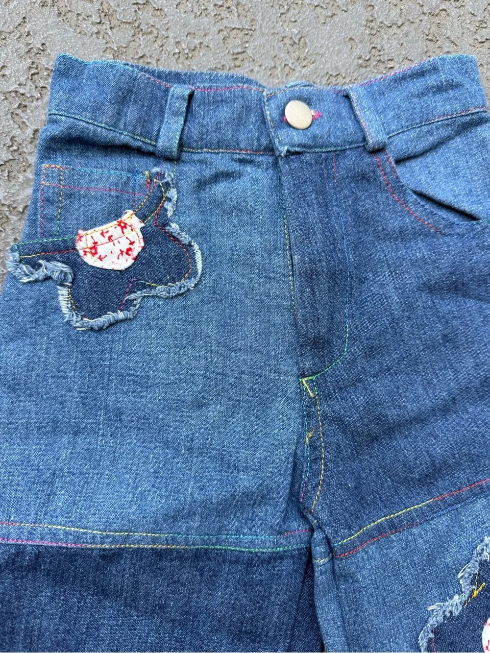 Vintage Kids Blue Patchwork Denim Pants with Floral Appliqué